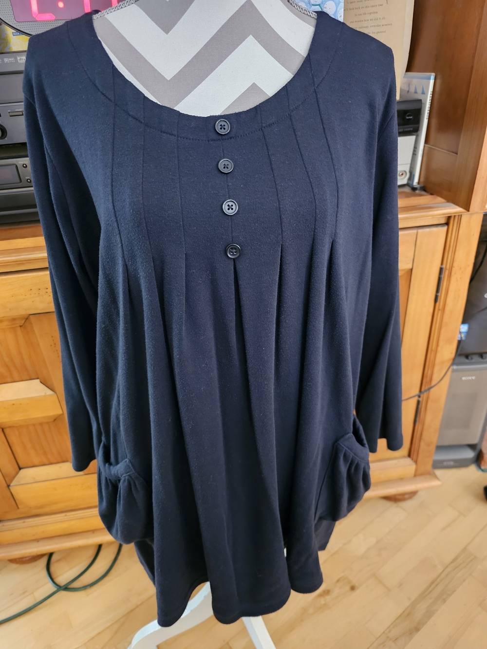 Roaman's Black Pleated Tunic with Pockets - Button Detail, Flowy Fit